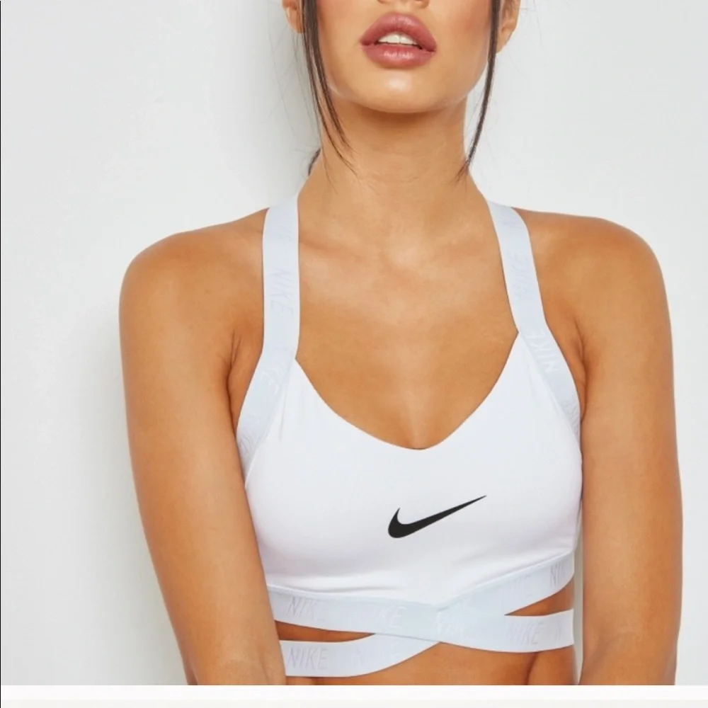 Nike White Sports Bra with Black Swoosh and Light Gray Straps